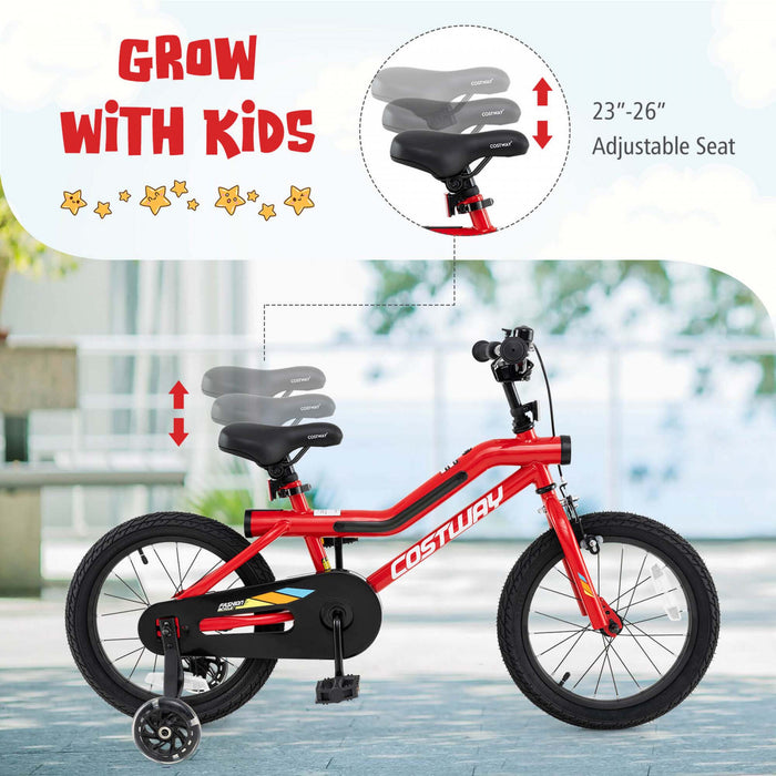 Costway 16\" Led Eclaire Velo Pour Enfants Avec Siege Reglable Coaster Frein Roues D'entrainement Rouge