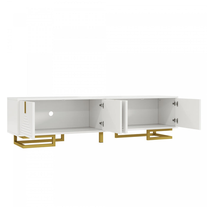 Aspect Meuble TV 63 po avec Portes Texturees et Pieds Dores, Blanc