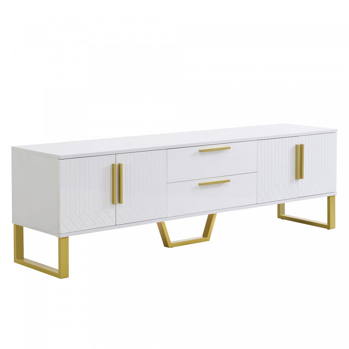 Steven 66.9\" Cabinet TV Sur Pieds avec Poignees et Pieds Dores, Blanc