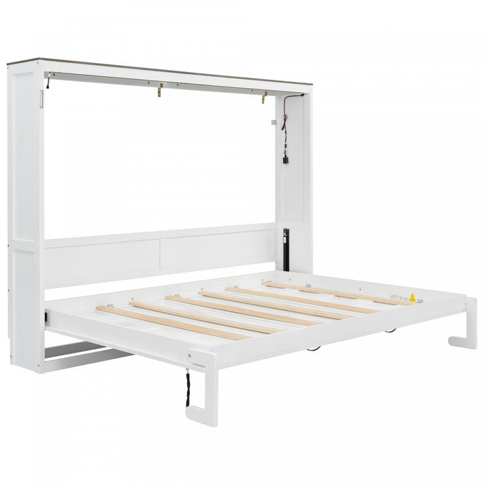 Lit escamotable Olivia en bois massif avec lumiere LED et armoire pliante, taille queen, blanc