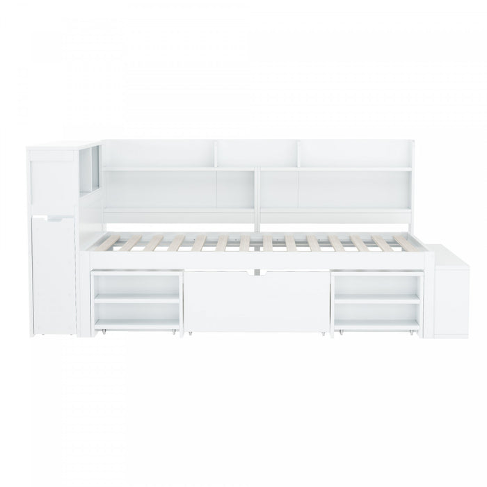 Banquette-lit multifonction Ethan avec rangement integre, tiroirs et bibliotheque, taille simple, blanc
