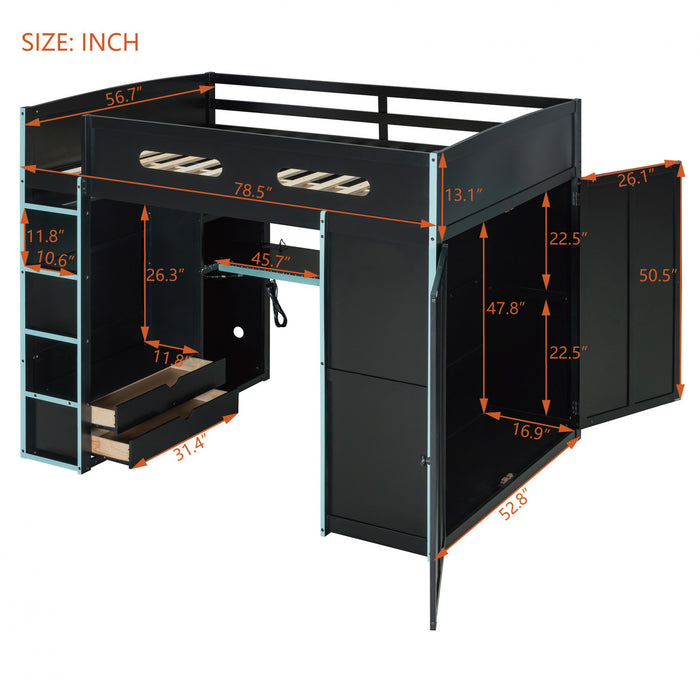 Jerry Lit mezzanine en bois avec bureau et rangement, Taille Double, Bleu
