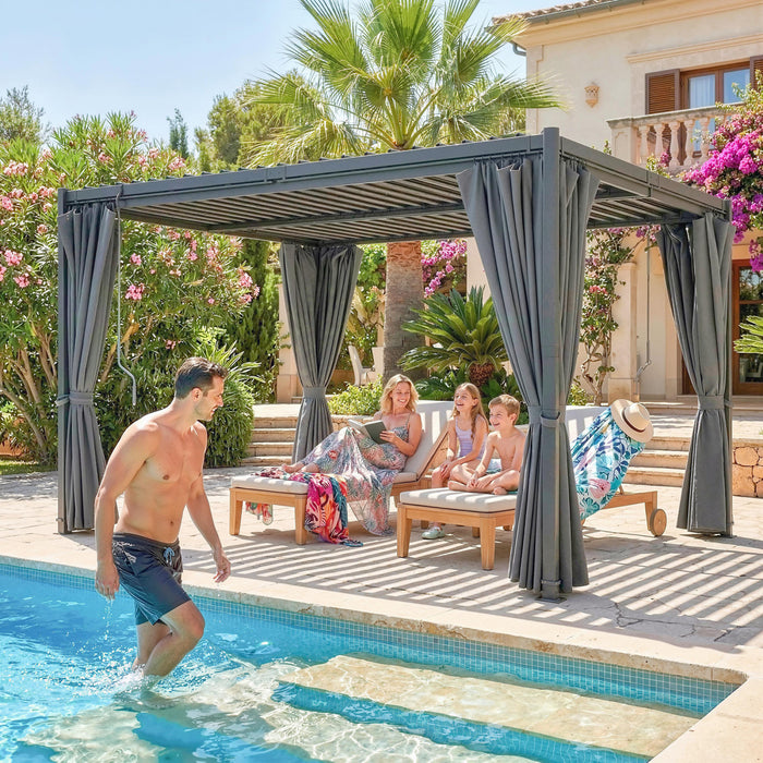 Outsunny 10 x 13 ft Pergola d'exterieur a persiennes avec toit en acier, rideaux, gris