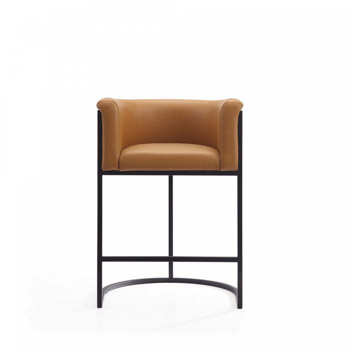 Tabouret de comptoir moderne du milieu du siecle en metal et tissu, coloris camel - Lot de 3