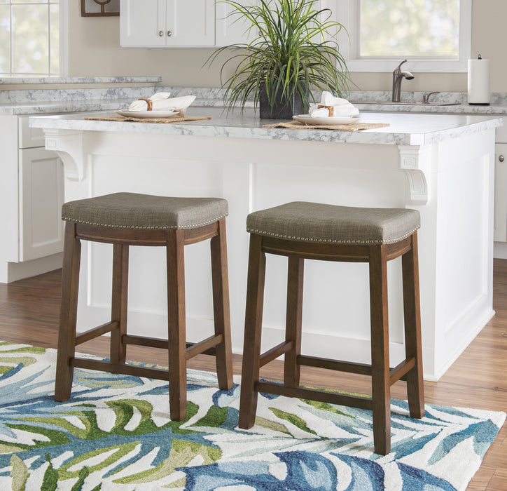 Tabouret Claridge de hauteur comptoir en tissu d’apparence lin, en forme de selle et sans dossier - brun foncé