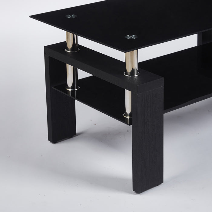 Table basse moderne Lucius au design geometrique en verre trempe avec cadre en metal et verre transparent, noir