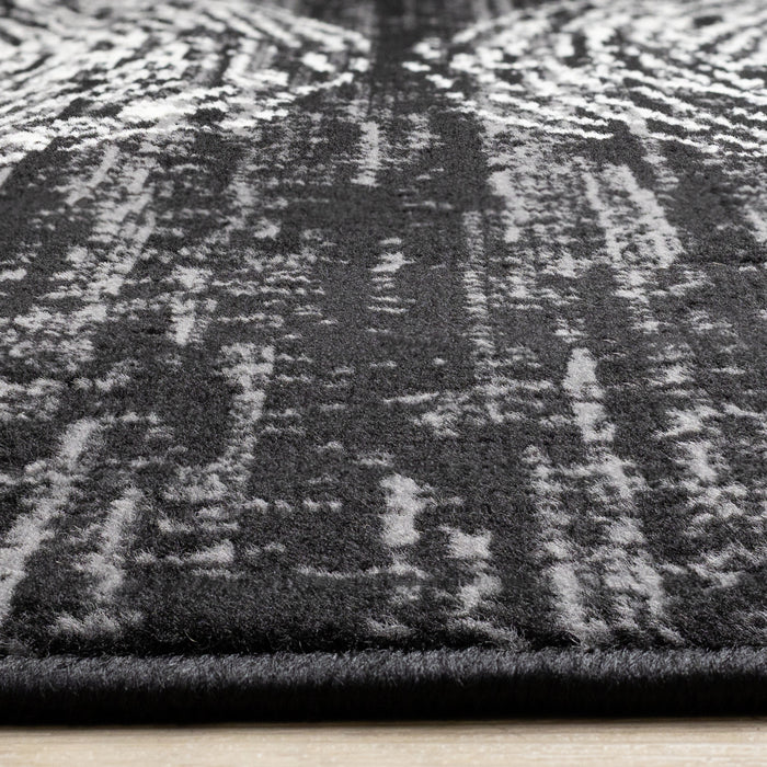 Tapis Florence noir, gris et blanc a motif d'anneaux d'arbre, 6'7\" x 9'6\"
