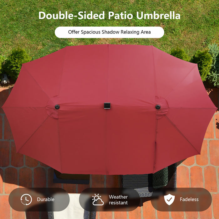 Costway Parasol double face jumeau 15FT pour patio avec 48 LED solaires a manivelle Wine