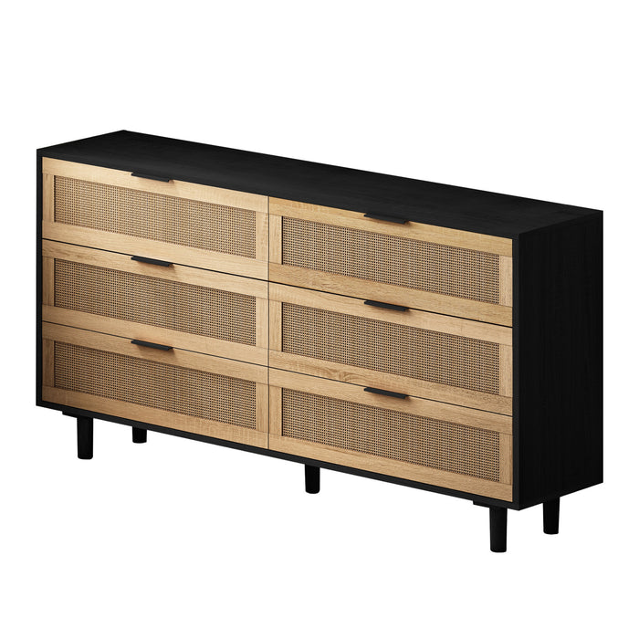 Meuble de rangement moderne Mila a 6 tiroirs en rotin avec structure en bois manufacture, noir, 150 cm