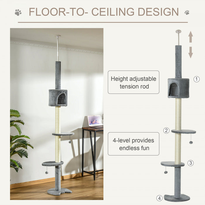 Pawhut Arbre A Chat A 4 Niveaux Du Sol Au Plafond, Grande Tour Pour Chat Avec Griffoir, Rembourrage En Peluche, Jouet Balle, Condo Pour Chat Pour Chats D'interieur, Gris Clair
