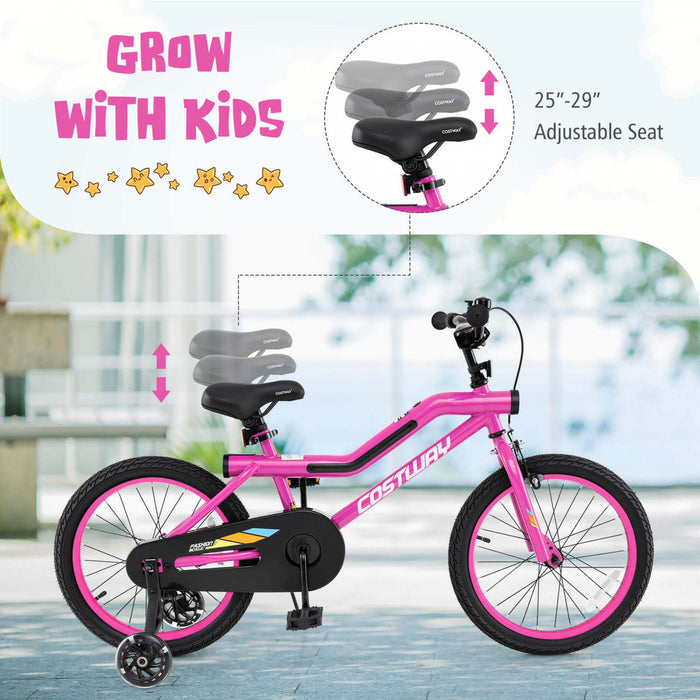 Costway 18\" Led Eclaire Velo Pour Enfants Avec Siege Reglable Coaster Frein Roues D'entrainement Rose