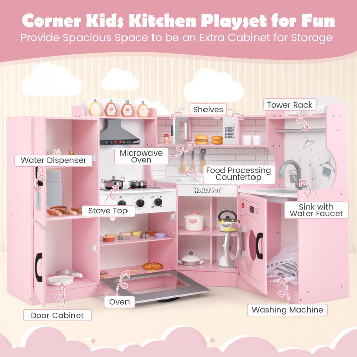 Honeyjou Corner Play Kitchen Baby Kitchen Playset Avec Capuchon De Gamme, Machine A Glace, Micro-ondes Rose
