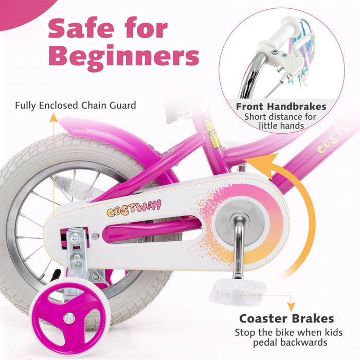 Costway 12 Pouces Enfants Velo Avec Roues D'entrainement Poupee Siege Panier Streamers Frein A Main Rose