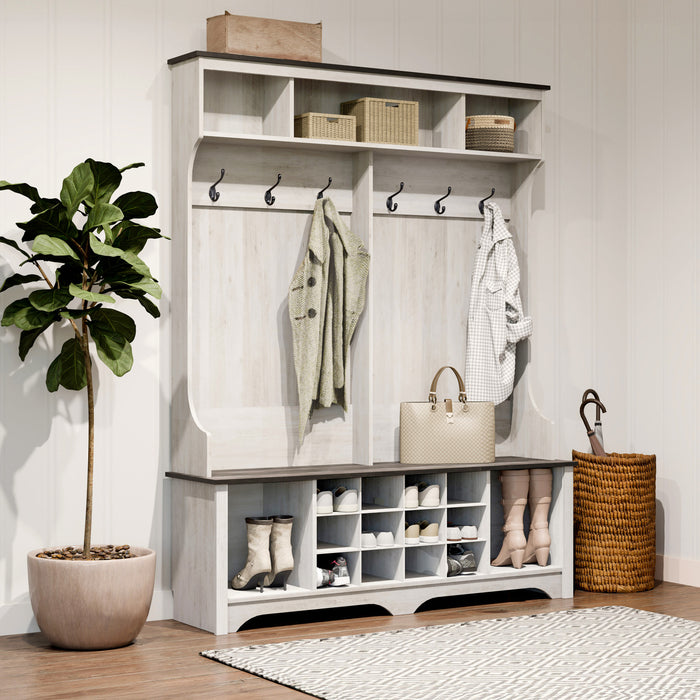 Armoire de rangement Rustic Ridge champêtre pour l’entrée avec compartiments pour chaussures et crochets à manteaux - blanc vieilli