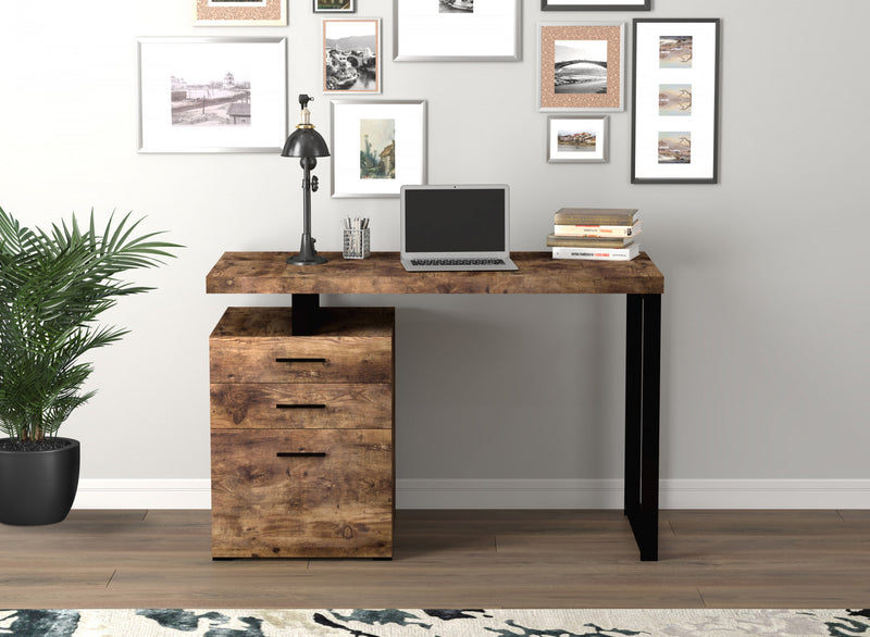 Bureau d’ordinateur de 47 po avec 3 tiroirs - bois recyclé brun avec base en métal argenté