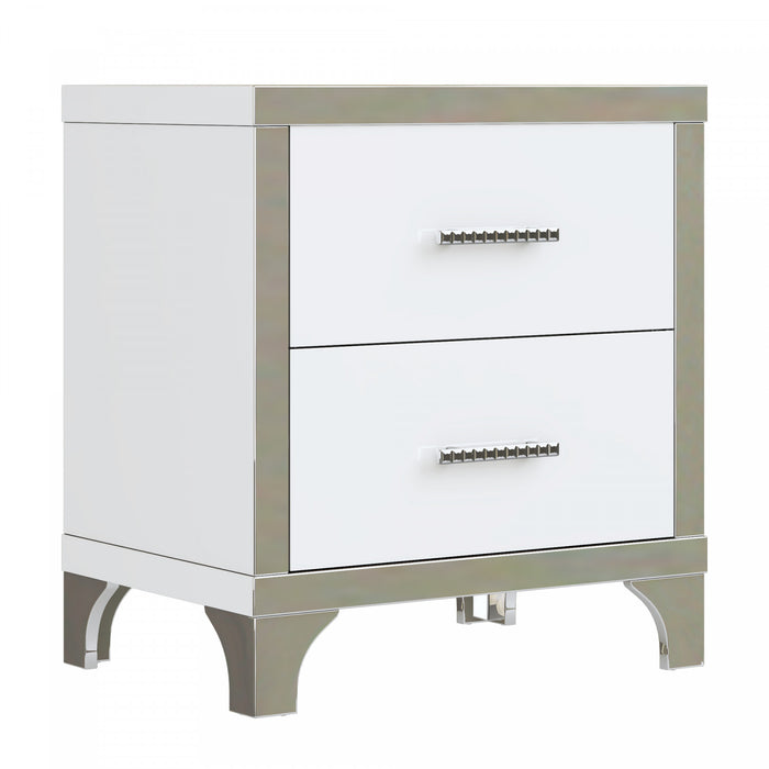 Sophia table de chevet laquee brillante avec 2 tiroirs et poignees en metal, blanc