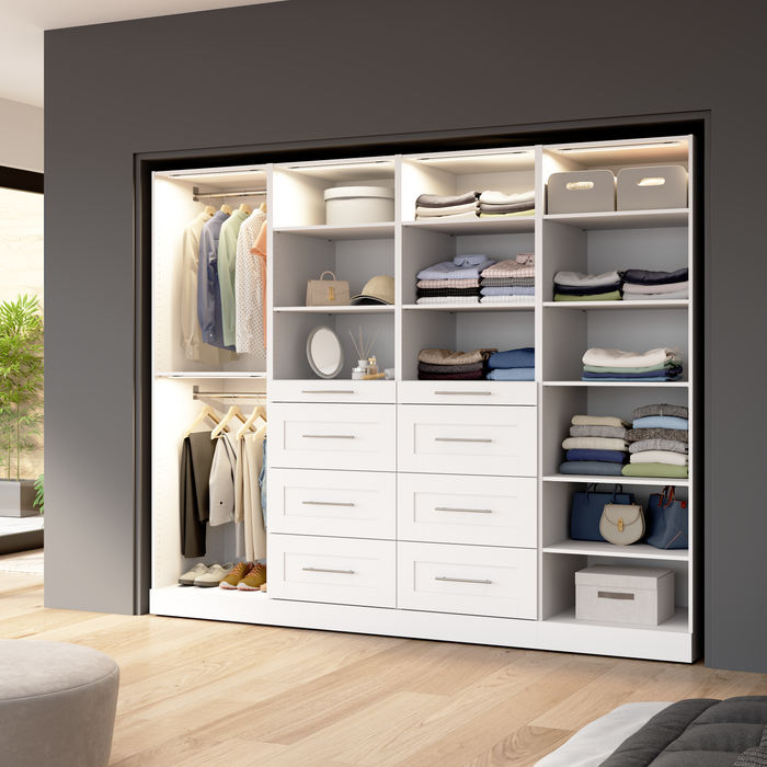 Système de garde-robe et pièce-penderie modulaire Florence de Bestar de 100 po avec éclairages à DEL, tringles, tablettes et tiroirs de style Shaker - blanc