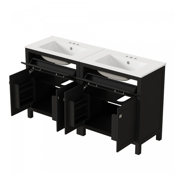 Meuble de salle de bain double moderne Felix 60 pouces avec lavabo ceramique et rangement, noir