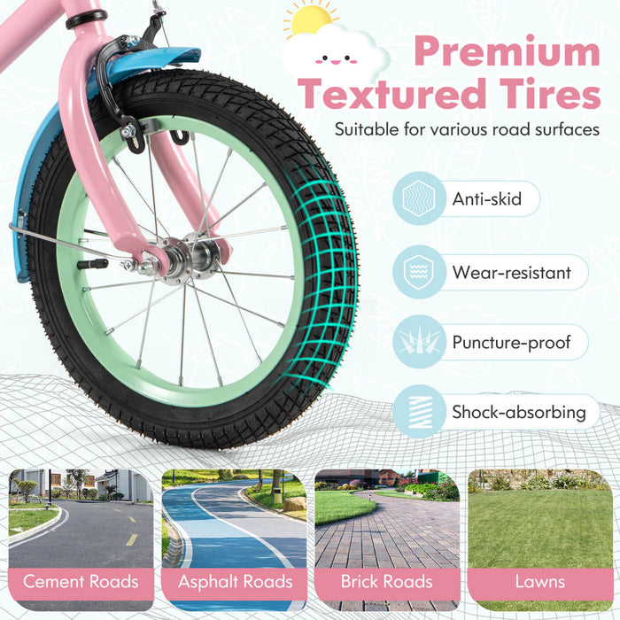 Costway 14\" Velo Pour Enfants Avec Guidon Reglable De Selle Roues D'entrainement Amovibles Frein A Main Rose