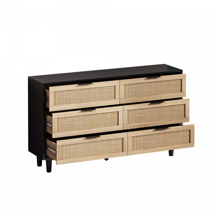 Meuble de rangement moderne Mila a 6 tiroirs en rotin avec structure en bois manufacture, noir, 130 cm