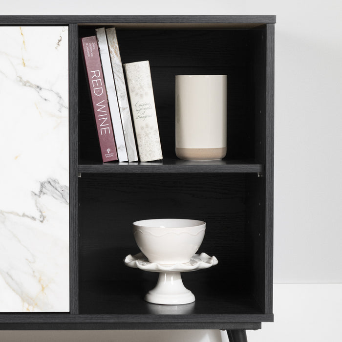 Mezzy Buffet 2 Portes Avec Rangement Ouvert - Chene Noir Et Faux Marbre Blanc