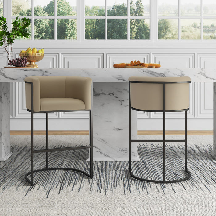 Tabouret de bar cosmopolite mi-siecle moderne en metal et tissu, coloris grege