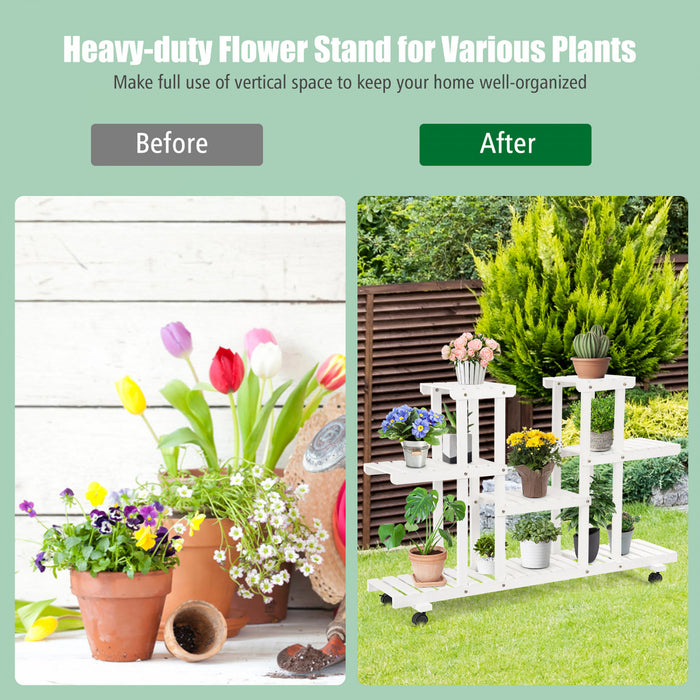 Costway 4 Niveaux Roulant Fleur Rack Bois Plante Stand Roulettes 12 Pots Bonsai Etagere D'affichage
