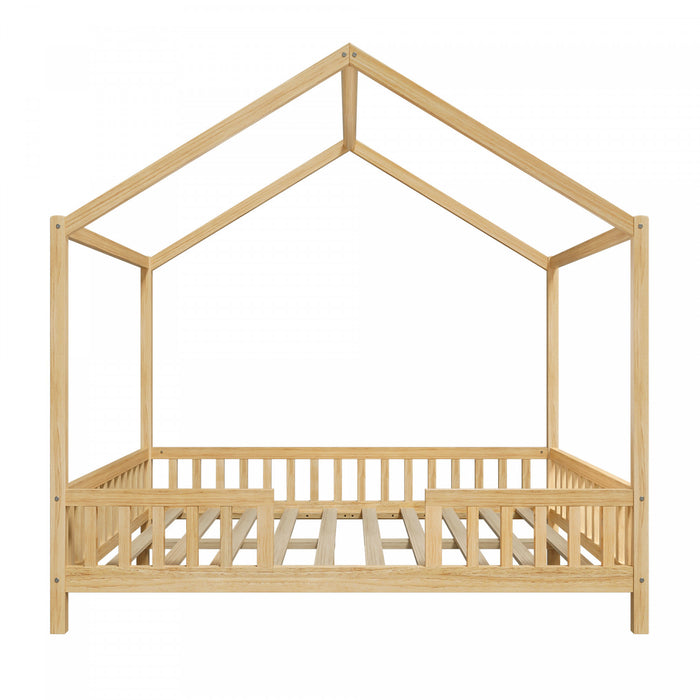 Paul Lit Montessori au sol avec baldaquin et barrieres hautes, Taille Double, Bois Naturel