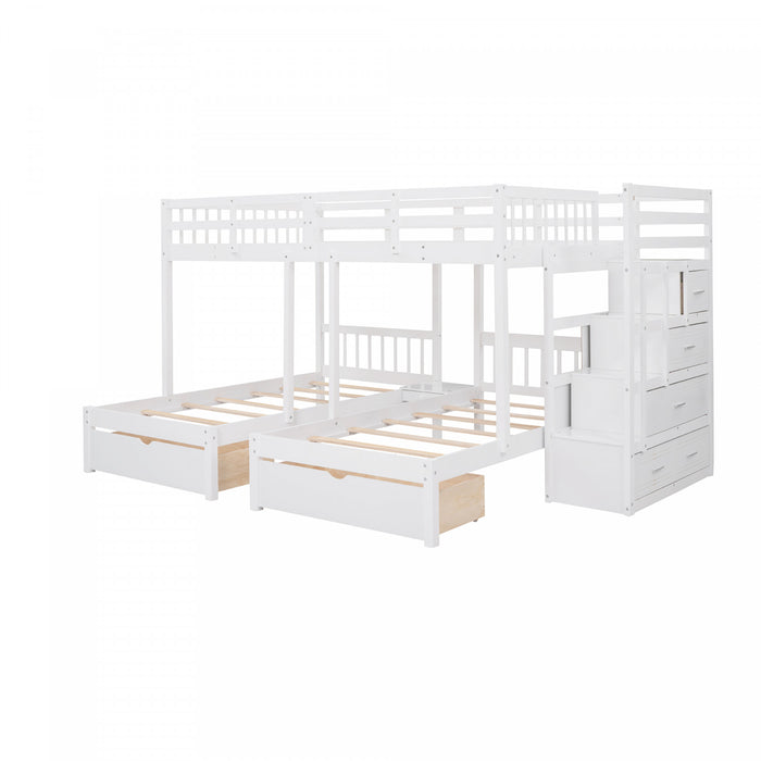 Lit Superpose Triple Simple Claire En Bois Massif Avec Tiroirs Et Barrieres De Securite - Blanc