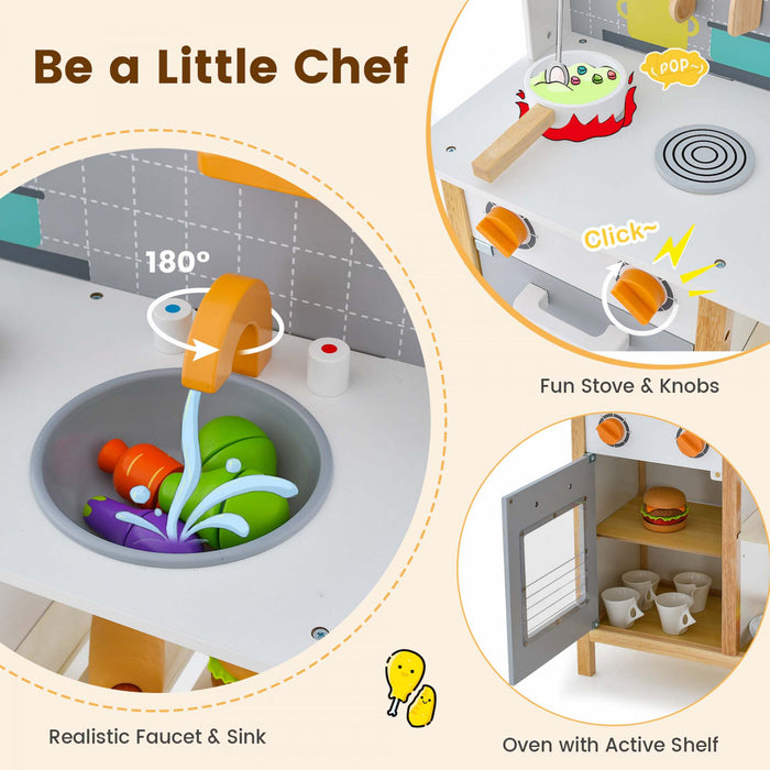 Cuisine Pour Enfants En Bois Avec Etageres De Rangement, Accessoires De Cuisine, Horloge Mignonne Et Son Realiste, Jeu De Cuisine D'imitation Pour Tout-petits, Cadeau Pour 3+ Ans