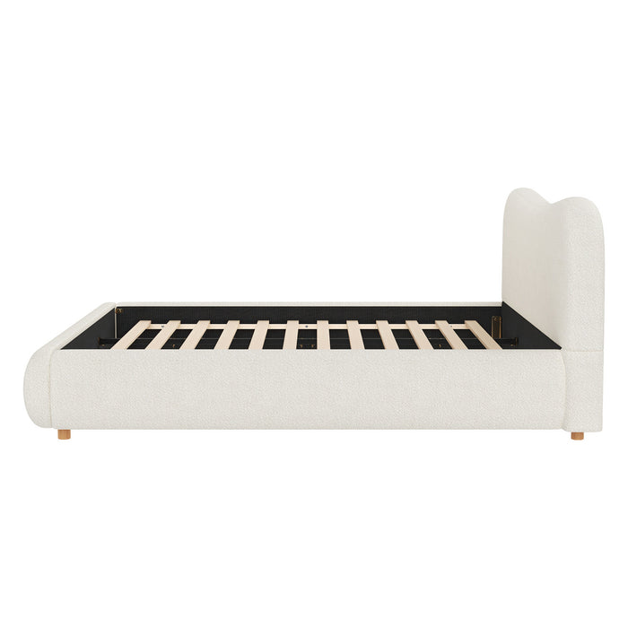 Lit plateforme Camille avec tete de lit courbee et tapisserie bouclee luxueuse, taille King, blanc
