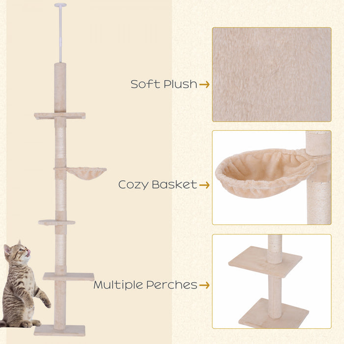 Pawhut 8.5ft Chat Escalade Arbre 5 Niveaux Centre D'activites Du Sol Au Plafond Chat Grimpeur Jouet Avec Grattoir Jouer Repos Post Meubles Pour Animaux De Compagnie Beige