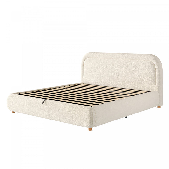 Lit plateforme Sophia avec rangement a levage hydraulique, revetement en boucle, taille king, beige