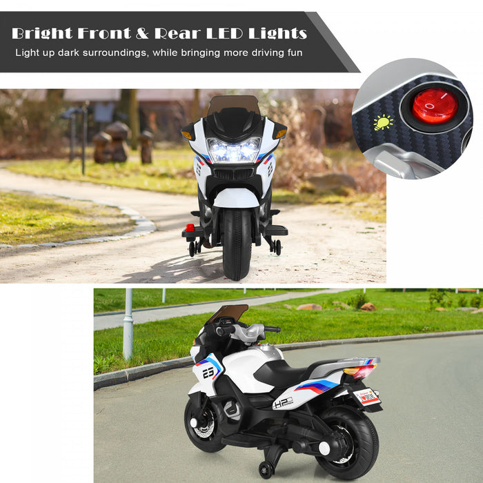 Moto Electrique 12v Pour Enfants Avec Roues D'entrainement Et Eclairage, Blanc
