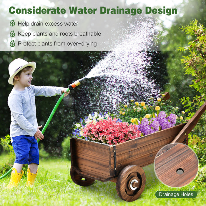 Jardiniere En Bois En Forme De Brouette, Chariot Decoratif Avec Roues, Poignees, Trou De Drainage, Support De Pot De Fleurs, Pot De Fleurs Rustique, Interieur Et Exterieur, Jardin, Terrasse, Balcon, Style Brouette