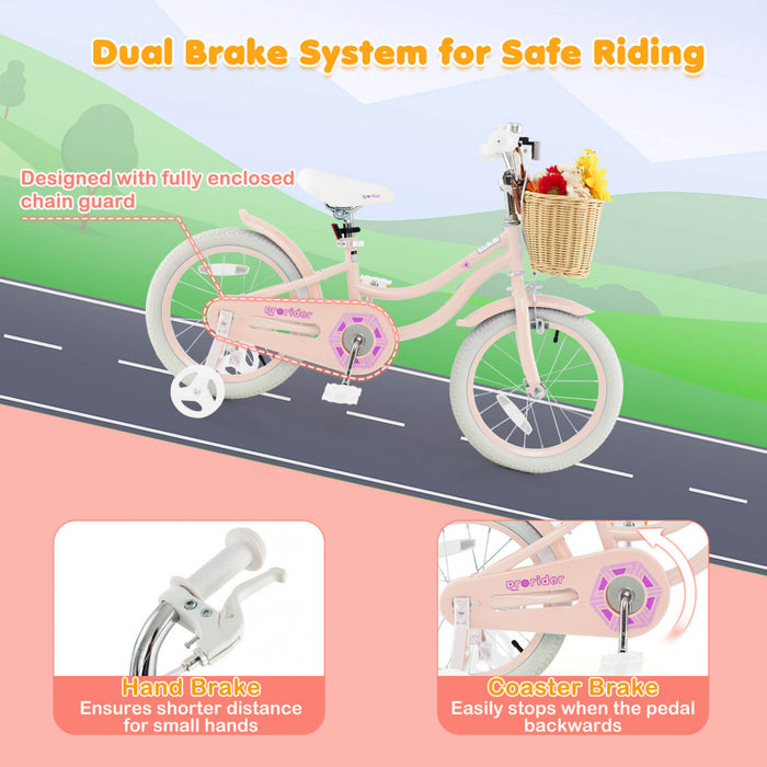 Costway 16\" Velo Enfant Avec Roues D'entrainement Reglable Guidon Siege Frein A Main Rose