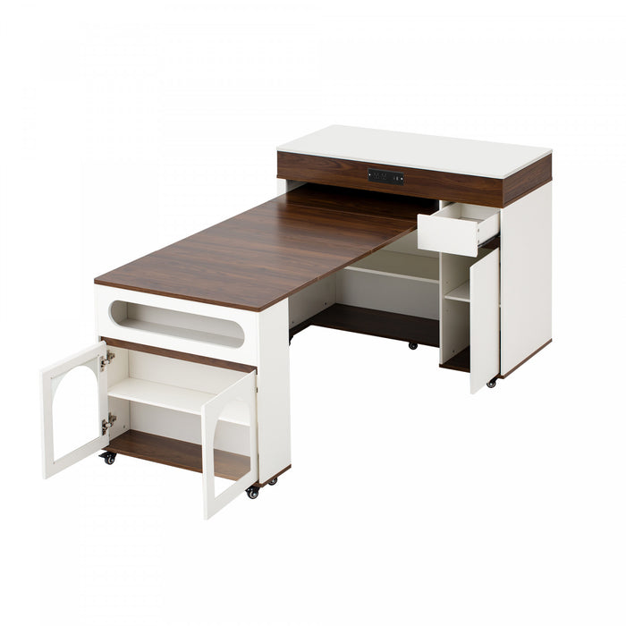 Table a manger extensible Avery avec ilot de cuisine roulant, noyer