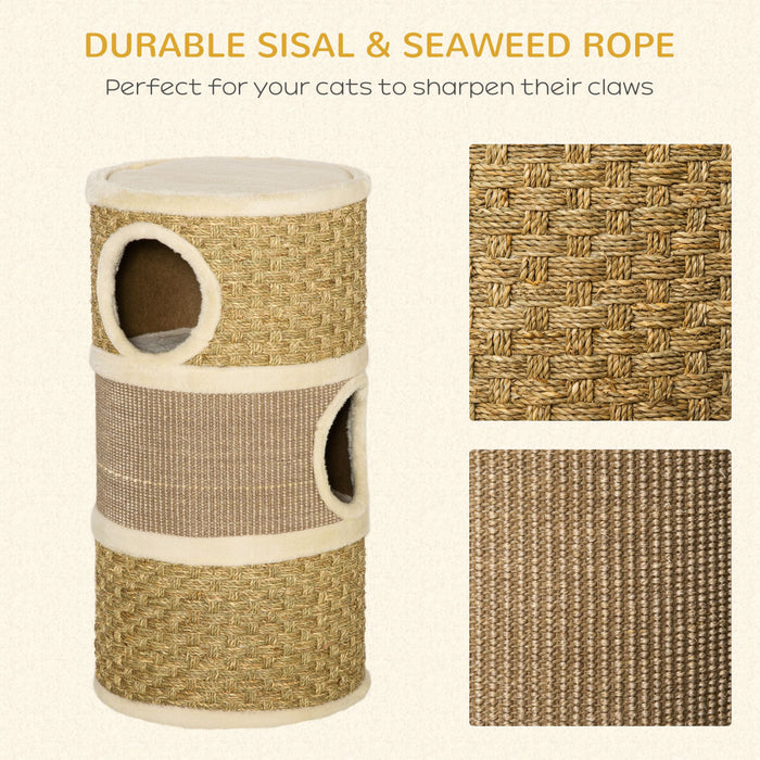 Pawhut Tour A Chat 3 Etages A Trois Trous Avec Surface De Couverture A Gratter En Sisal Et Algues, Tour A Chat Pour Chats D'interieur, 15 \"x 28\", Kaki Et Marron