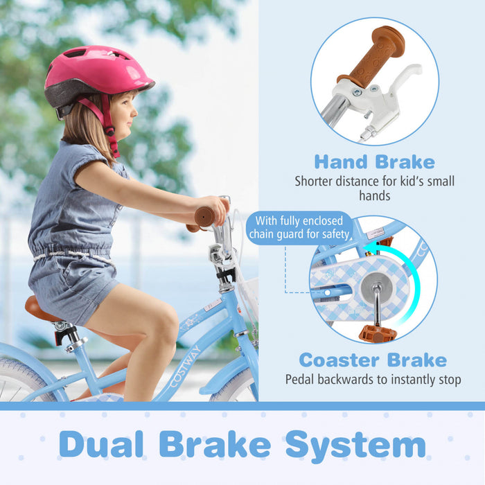 Costway 16\" Enfants Velo Tout-petit Velo Reglable Avec Roue D'entrainement Pour 4-7 Ans Fille Bleue