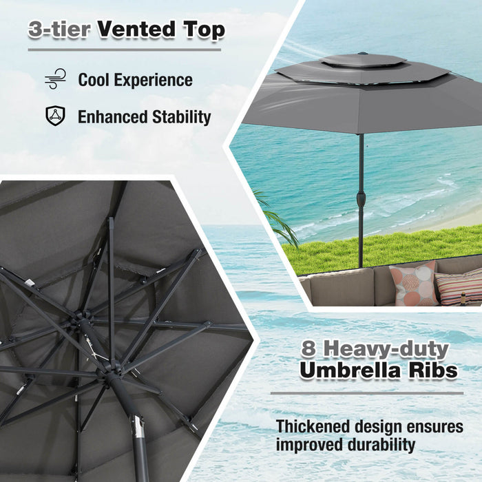 Costway Parasol de patio ventile a 3 niveaux de 10 pieds, grand parasol de table de marche, ombre solaire exterieure gris
