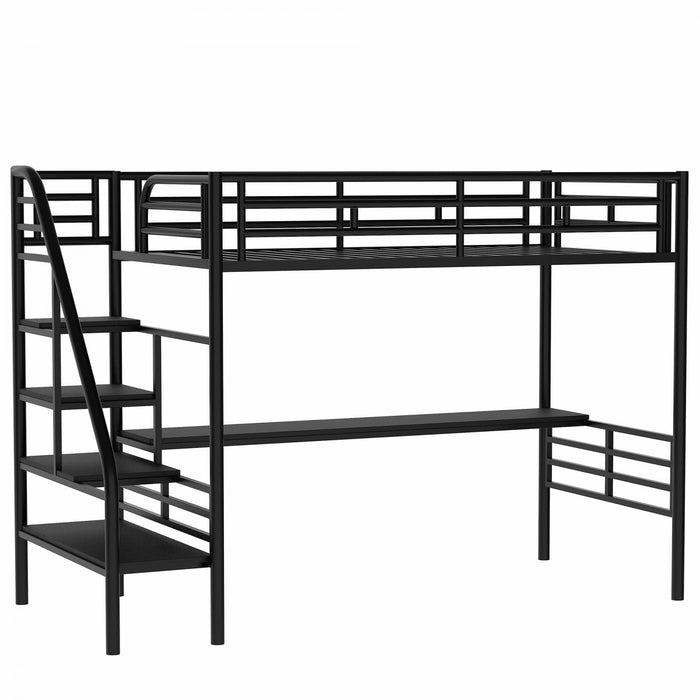Cherry – Lit Mezzanine Simple En Metal, Design Compact Avec Bureau Et Eclairage Del – Noir