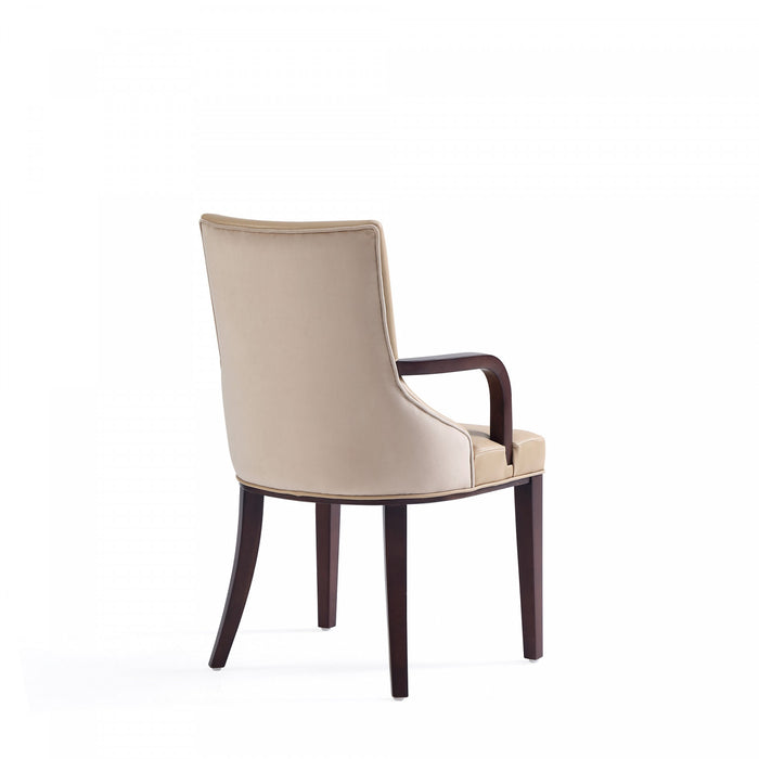 Fauteuil moderne Shubert en bois, cuir vegetalien et velours, coloris beige - Lot de 2