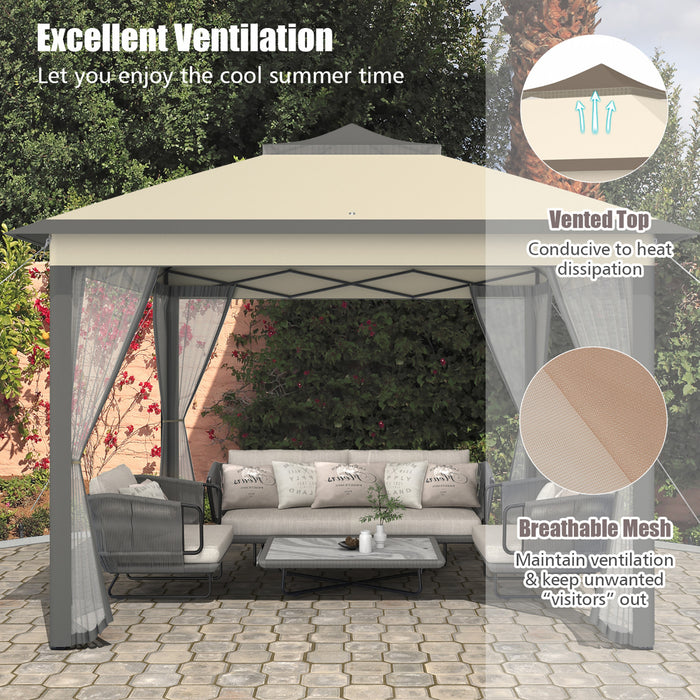 Costway 11’x11’ 2-tier Tente Pop-up Gazebo Abri A Canopy Portatif Sac De Transport Maille Brun