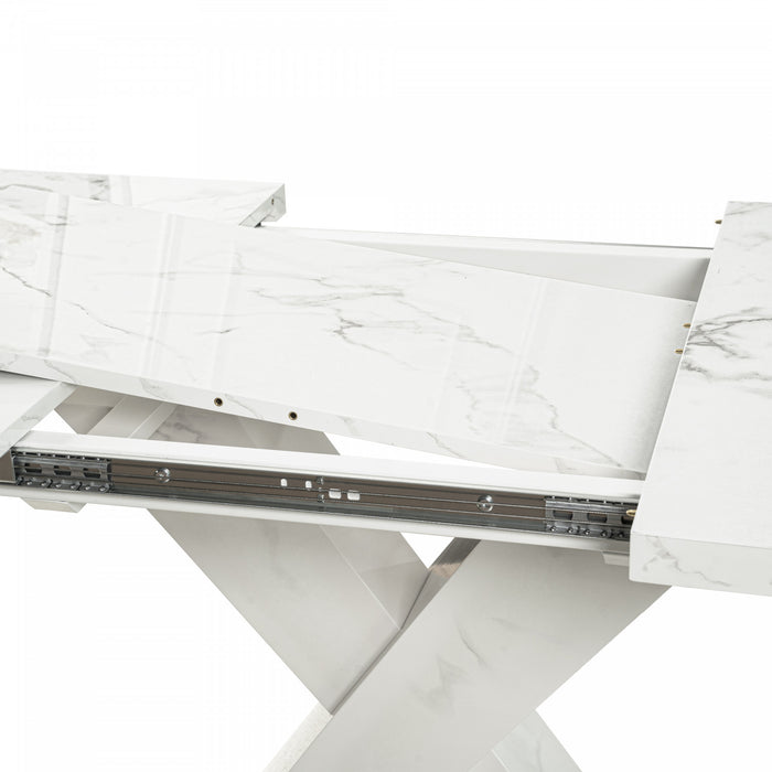 Table a manger rectangulaire moderne Lennon extensible de 47,24\" a 62,99\" avec plateau imprime marbre, blanc