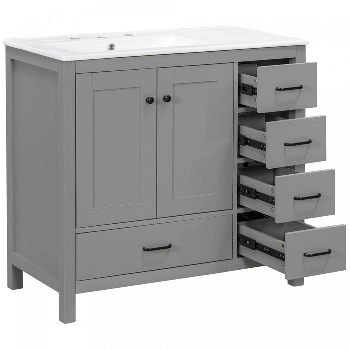 Meuble de salle de bain moderne Derek 36 pouces avec lavabo ceramique et rangement multiple, gris