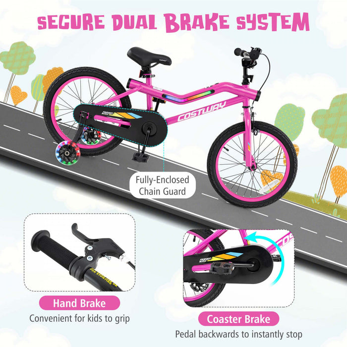 Costway 18\" Led Eclaire Velo Pour Enfants Avec Siege Reglable Coaster Frein Roues D'entrainement Rose