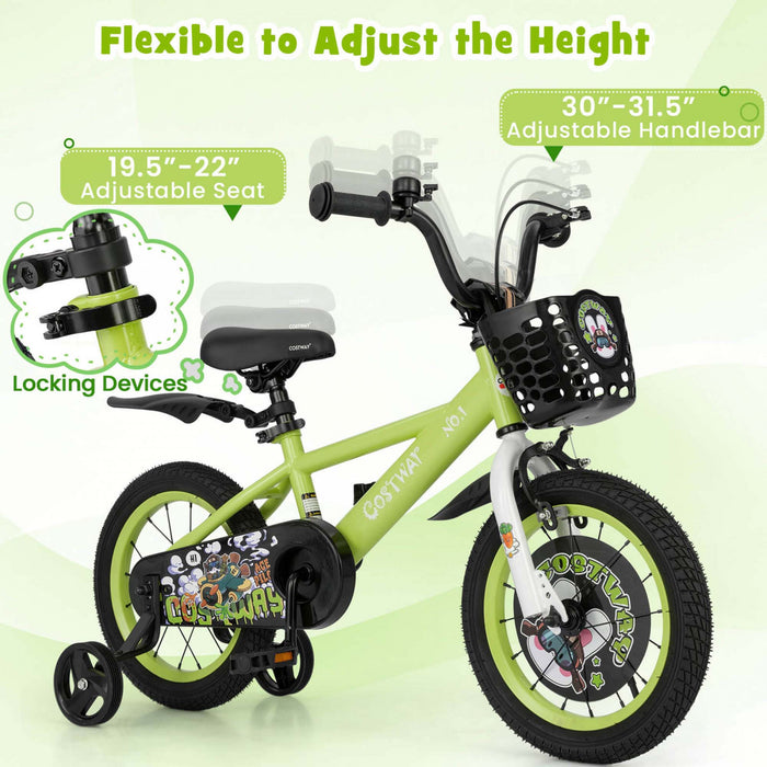 Costway 14\" Velo Pour Enfants Pour 3-5 Avec Guidon Reglable En Hauteur Et Frein A Main En Selle Vert