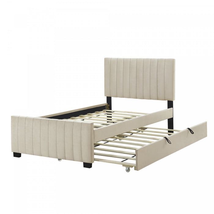 Lit plateforme Ethan rembourre en velours, gain de place, avec tiroir gigogne, taille simple, beige