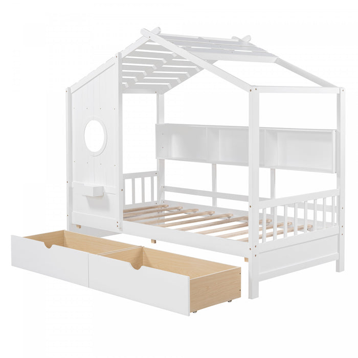 Lit Maison Jeames en Bois avec 2 Tiroirs de Rangement et Etagere, Taille Twin - Blanc