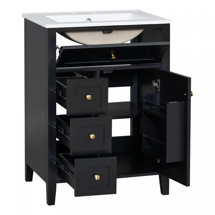 Scott Meuble-lavabo de 24\" avec vasque en ceramique et pieds en bois caoutchouc, Noir